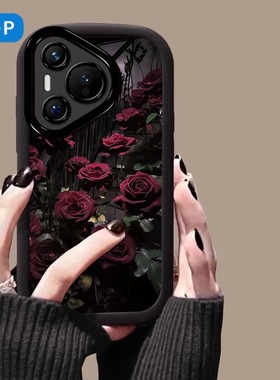 刺绣玫瑰花适用华为pura80pro+手机壳5040复古ins风p70硅胶全包p60防摔ultra爆款高级mate60清冷感黑色30女款