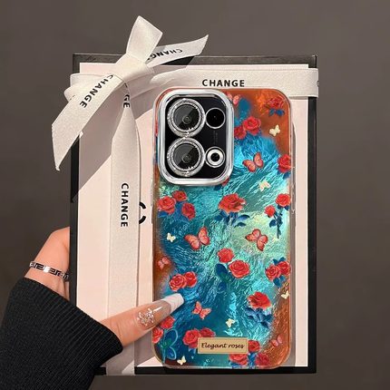 适用opporeno15手机色2025本命年14/13新女款reno12/10/11复古玫瑰reno9/8/7锡纸冰川纹全包镜头膜高级感的套