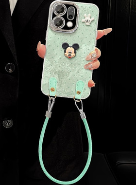 适用opporeno14手机壳夏天新女款reno13/12/10/11pro薄荷绿米奇公仔挂绳reno9/8锡纸冰川纹全包镜头膜高级感