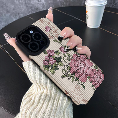 适用苹果华为小羊皮复古牡丹花