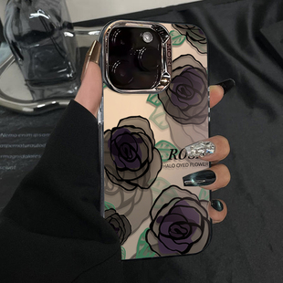 晕染rose玫瑰适用苹果15promax手机壳女iphone14电镀圈彩银气质13pro小众防摔12新款11全包xsmax高级保护套