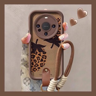 豹纹草莓适用华为mate60pro手机壳新款 11硅胶p60咖色小羊皮p70p挂绳50全包防摔女 m50腕带m40pro美拉德nova12