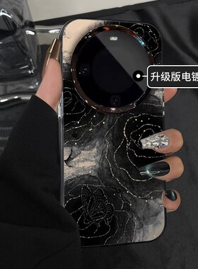 银边黑玫瑰适用华为mate60pro手机壳女荣耀100气质小米1413新款vivox100电镀圈彩银50防摔全包k70e高级保护套