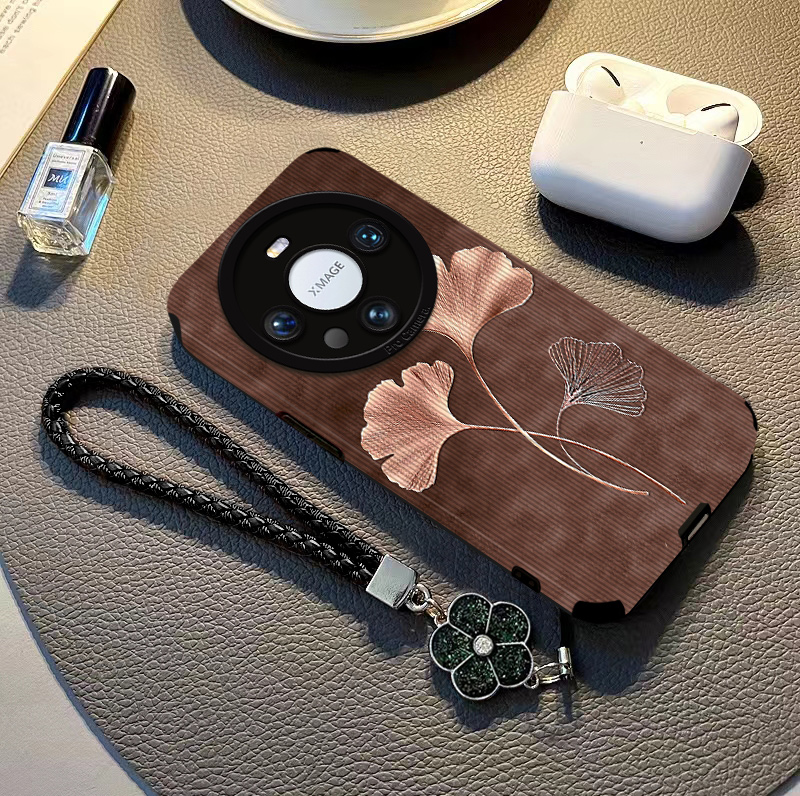 适用华为牙签皮纹雾霾银杏带挂绳