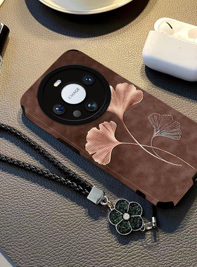 灰色雾霾银杏适用华为mate60pro+手机壳nova11女p60新款牙签纹pura70荣耀10090挂绳防摔magic54气质女软皮套3