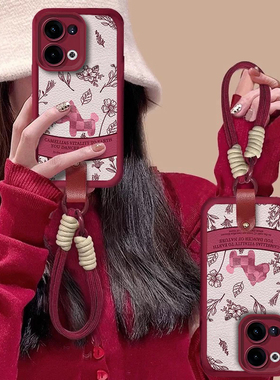 卡通可爱小马适用OPPOReno14pro手机壳新款13/12保护套11/10挂绳realme13酒红色小羊皮OPPOFINDX8PRO腕带防摔