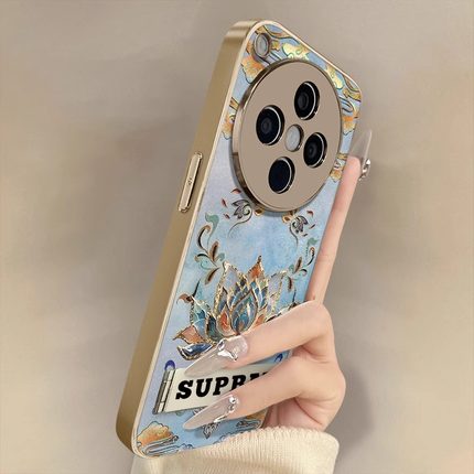 敦煌鎏金莲花适用于oppofindx8SPRO+手机壳x7ultra新款x6pro小羊皮x5国潮RENO14PRO高级艺术男女支架电镀防摔
