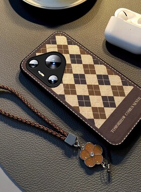 复古菱格适用华为pura80pro+手机壳新款挂绳50新款女p60por高级感40/30小羊皮70ultra小众30全包防摔硅胶软壳