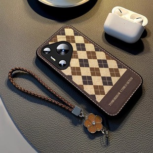 女p60por高级感40 挂绳50新款 30小羊皮70ultra小众30全包防摔硅胶软壳 手机壳新款 复古菱格适用华为pura80pro