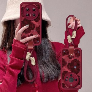 水墨晕染玫瑰羊巴皮适用华为mate80pro手机壳70新年款 带挂绳mate60保护套红色mt50女高级感秋冬m40E全包喜庆