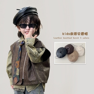 2025新款儿童帽子秋冬季女童皮质贝雷帽男童画家帽冬款宝宝帽子潮