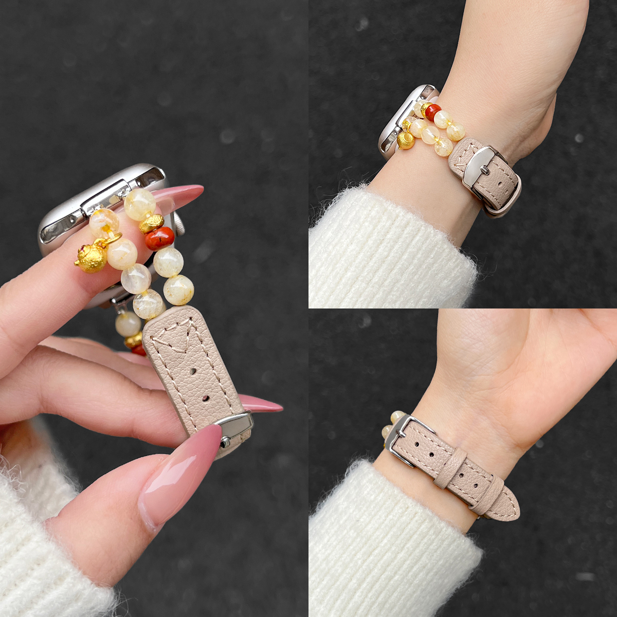 学长家秋冬新款串珠真皮手表带