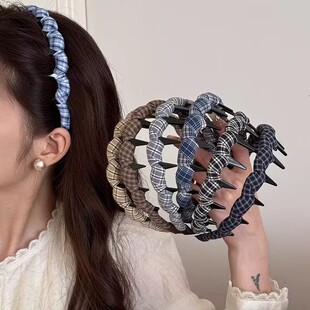 韩系格纹布艺发箍简约百搭头箍高颅顶发箍带齿防滑头箍压发女头箍