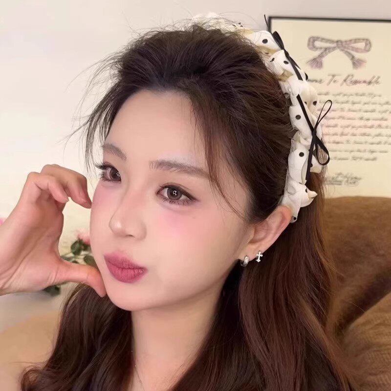 韩系新款波点蝴蝶结发箍甜美风褶皱高颅顶头箍带齿防滑发箍女发饰