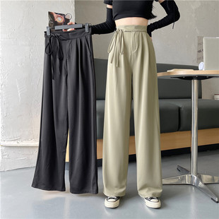 Solid HighWaist Lace-Up Straight-Leg Pants纯色高腰系带直筒裤