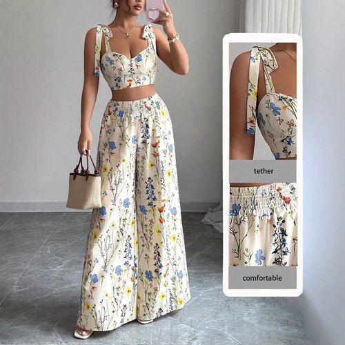 印花吊带高腰阔腿裤套装Printed suspender wide leg pants set