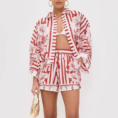 Printed collar shirt loose short set印花翻领衬衫宽松短裤套装