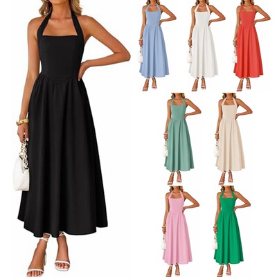 挂脖纯色高腰连衣裙 Hanging neck solid color waisted dress