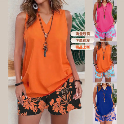 V-neck vest printed shorts twopiece setV领背心印花短裤两件套