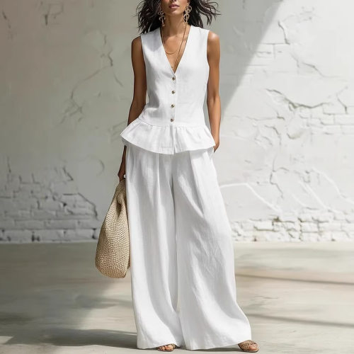 Lotus leaf edge vest wide leg pants set荷叶边马甲阔腿裤套装