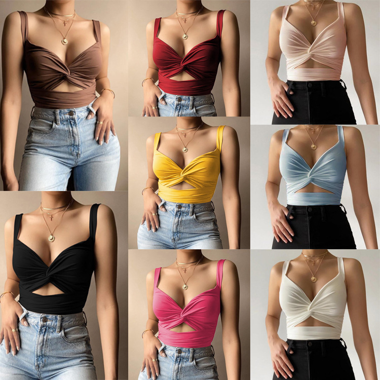 Twisted elastic V-neck backless sling 扭结弹力V领露背吊带