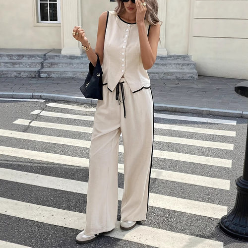 撞色无袖马甲长裤套装Color blocked sleeveless vest pants set