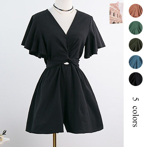Lotus leaf sleeve twisted V-neck jumpsuit荷叶袖扭结V领连衣裤