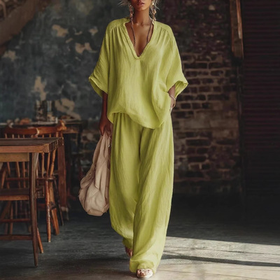 V领短袖上衣长裤套装V-neck short sleeved top and pants set