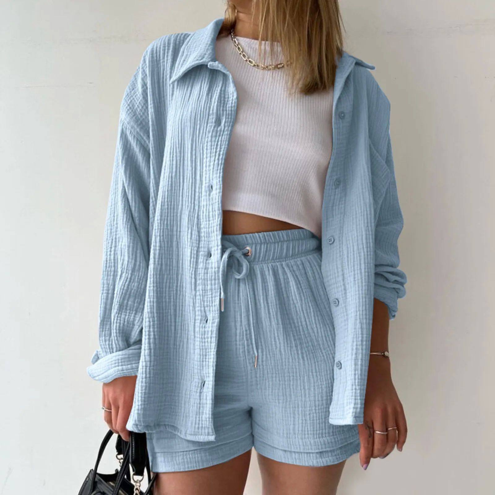 Collar shirt drawstring shorts set 长袖翻领衬衫抽绳短裤套装
