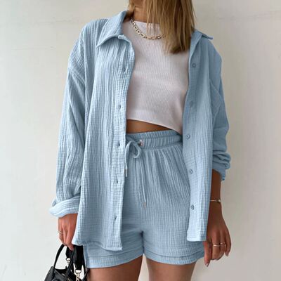 Collar shirt drawstring shorts set 长袖翻领衬衫抽绳短裤套装