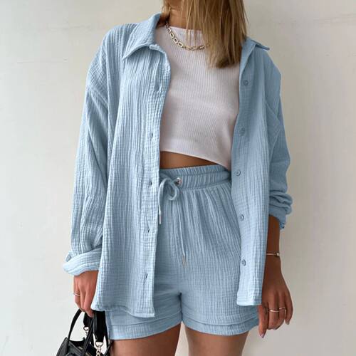 Collar shirt drawstring shorts set 长袖翻领衬衫抽绳短裤套装