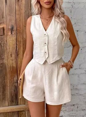 linen clothes womenv neck vest个性时尚演出走秀短裤套装