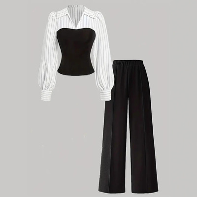 Striped long sleeved shirt and pants set条纹长袖衬衫长裤套装