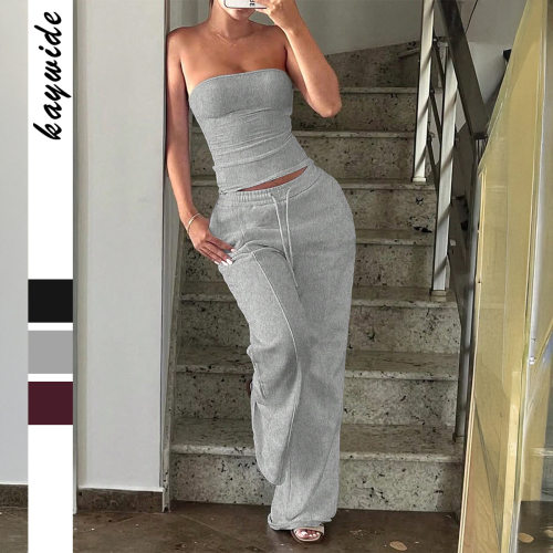 Drawstring pants strapless casual suit抽绳长裤抹胸休闲套装