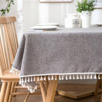 北欧简约ins亚布纯色桌茶几餐MRC桌麻桌布艺长正方形园田带流苏