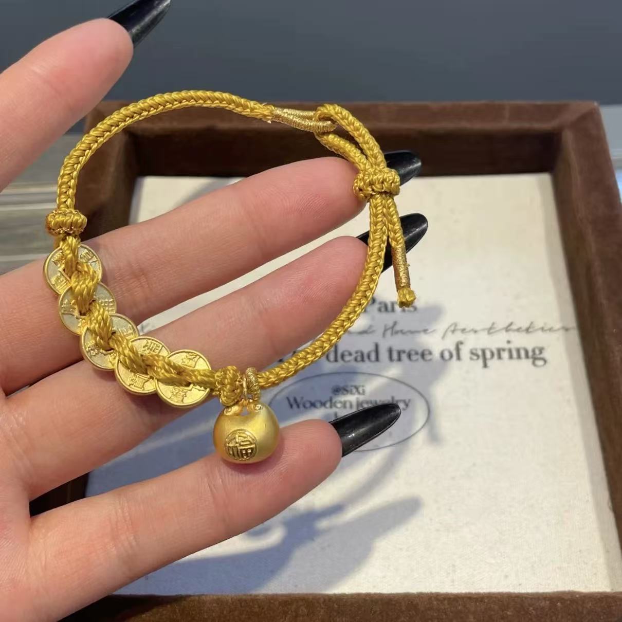 足金999小胖福金坨吊坠黄金五帝铜钱币编绳手链送女友