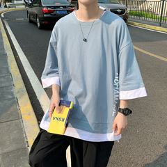 刺繡短袖t恤男寬鬆潮流百搭五分袖夏季港風假兩件炸街