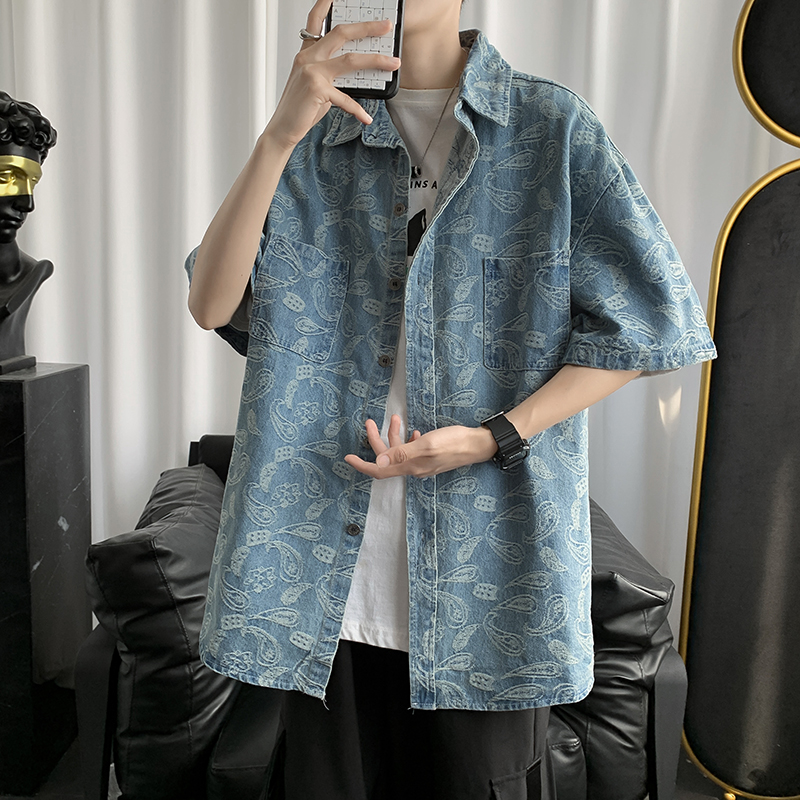 Short sleeve shirt men's Hong Kong Style Japanese summer 5-sleeve tooling cashew nuts shirt casual