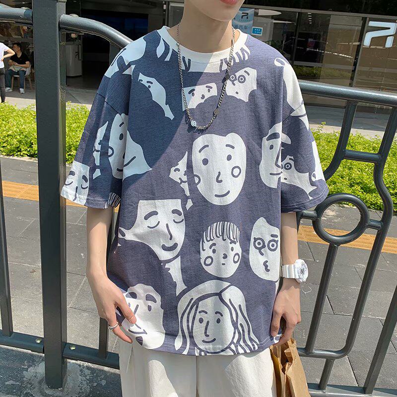 新款臉譜滿身素描印花五分袖情侶恤港風寬鬆百搭