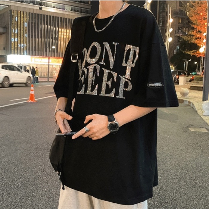 High Street Hong Kong style leisure fashion top hip hop hot diamond couple short sleeve printed trendy T-shirt