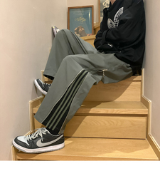 新款設計感側邊拉鏈高街潮男痞帥風寬鬆闊腿褲