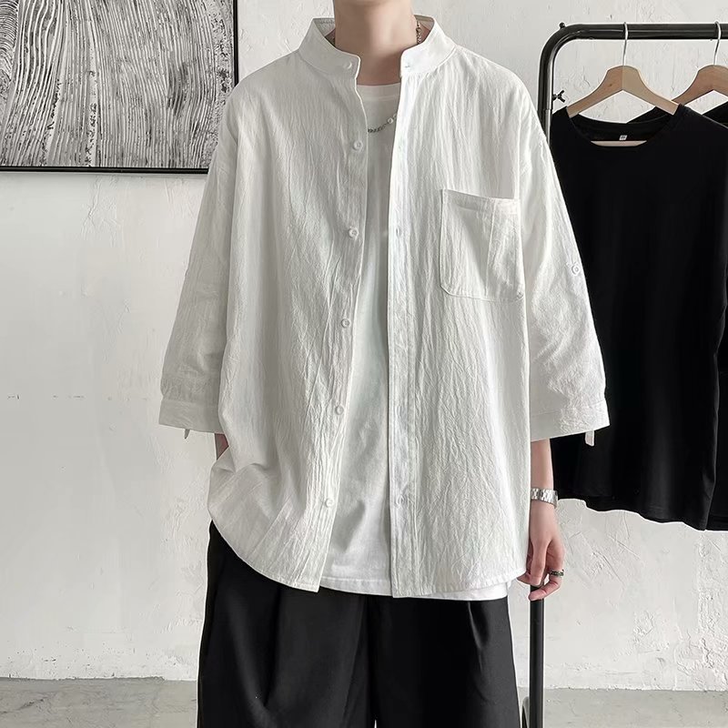 鹽系白色短袖襯衫男夏季潮流寬鬆百搭七分袖棉麻襯衣
