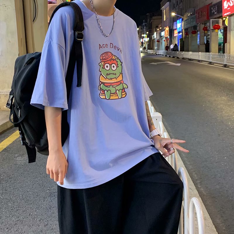 Hong Kong style trend versatile Hong Kong Style hooded short sleeve cartoon hamburger half sleeve summer top