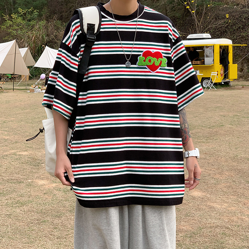 港風愛心刺繡男短袖寬鬆休閒潮流條紋體恤學生體恤
