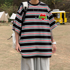 港風愛心刺繡男短袖寬鬆休閒潮流條紋體恤學生體恤