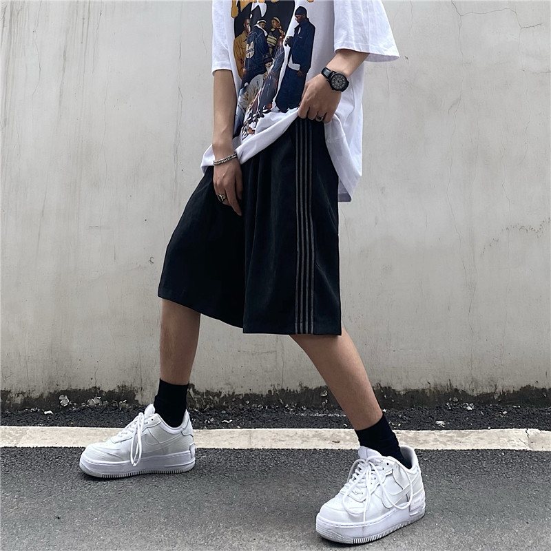 South Korea Harajuku wind stripe splicing couple's casual wide leg straight pants Summer Shorts