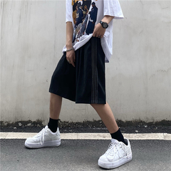 South Korea Harajuku wind stripe splicing couple's casual wide leg straight pants Summer Shorts