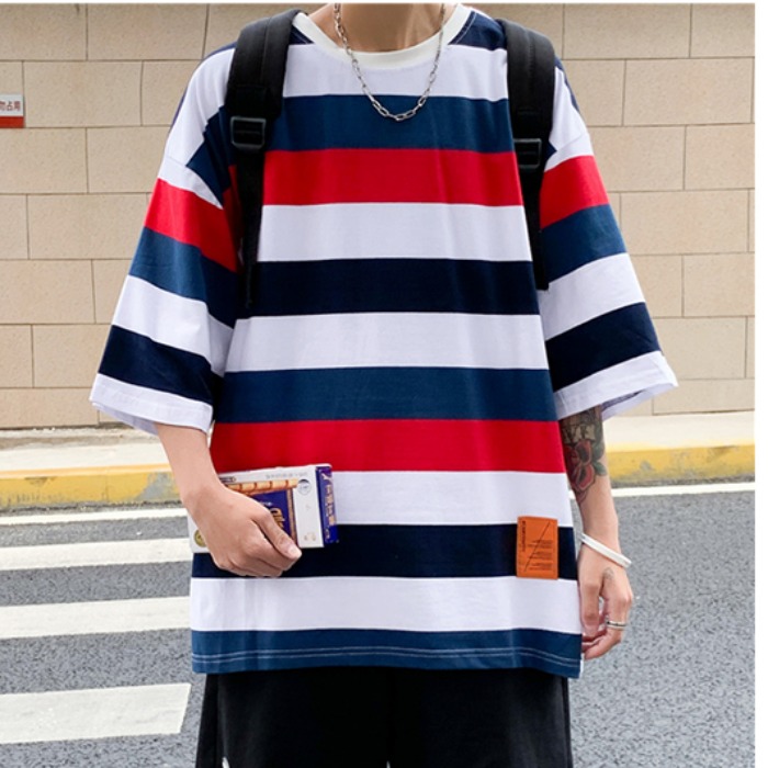 Summer new quarter sleeve Hong Kong style big stripe short sleeve shirt trend loose men's and women's top