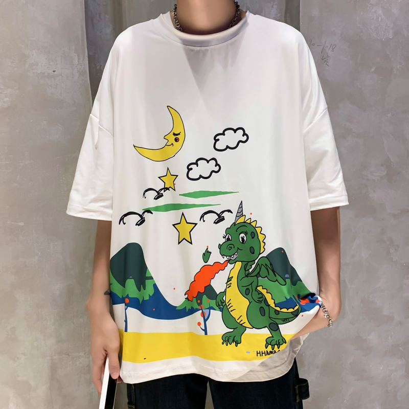 2021 original trend lazy ins dinosaur flamejet printed men's round neck Summer Short Sleeve T-Shirt