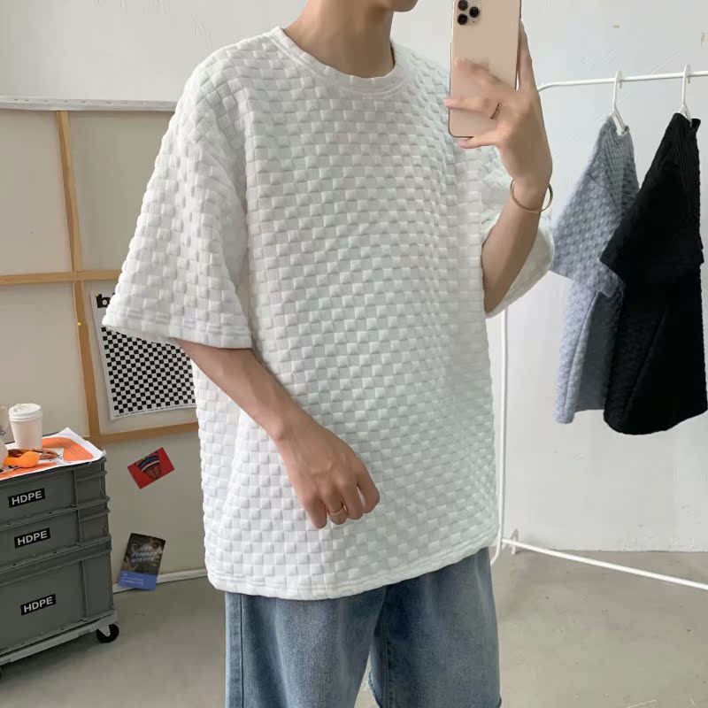 原宿T恤男士潮流華夫格短袖上衣夏裝寬鬆休閒半袖體恤